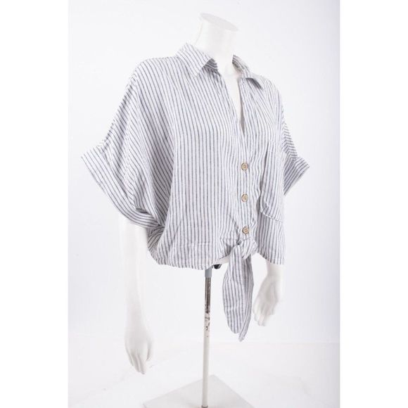 Zara Womens Knotted Blouse Top L White Gray Striped Button Front 2949/027 NWT - Picture 2 of 6